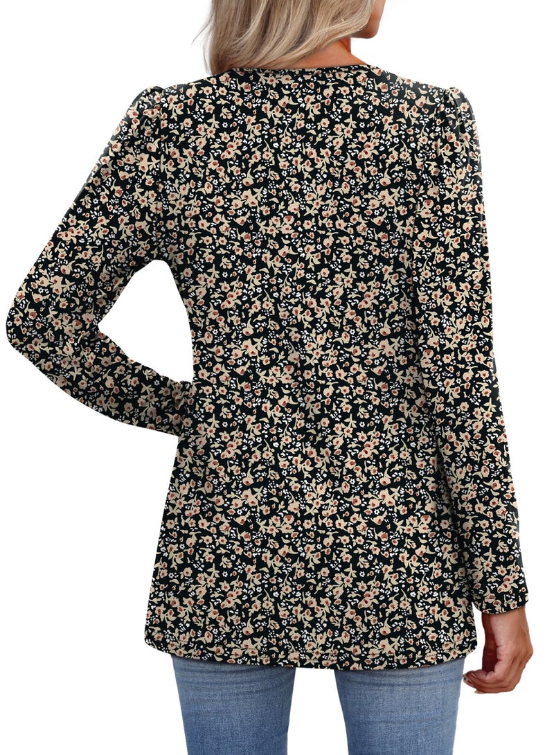 WIHOLL Plus Size Fall Fashion Clothing Womens Tops Long Sleeve Boho Peasant Blouses Business Casual Outfits Maternity Work Shirts Chocolate Brown Fall Clothes Black Floral XL - Image 5