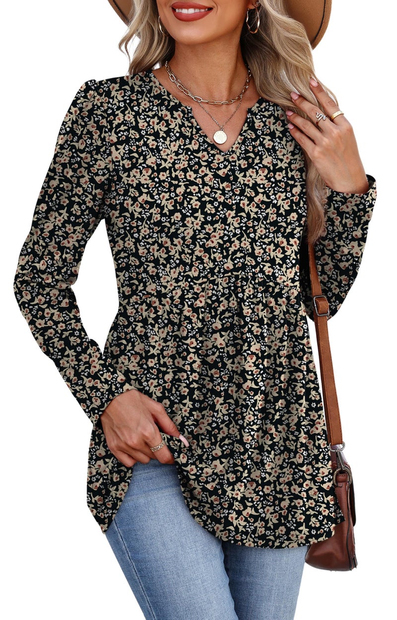 WIHOLL Plus Size Fall Fashion Clothing Womens Tops Long Sleeve Boho Peasant Blouses Business Casual Outfits Maternity Work Shirts Chocolate Brown Fall Clothes Black Floral XL - Image 3