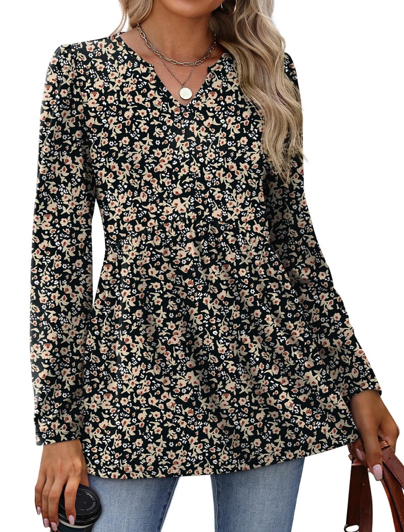 WIHOLL Plus Size Fall Fashion Clothing Womens Tops Long Sleeve Boho Peasant Blouses Business Casual Outfits Maternity Work Shirts Chocolate Brown Fall Clothes Black Floral XL - Image 2