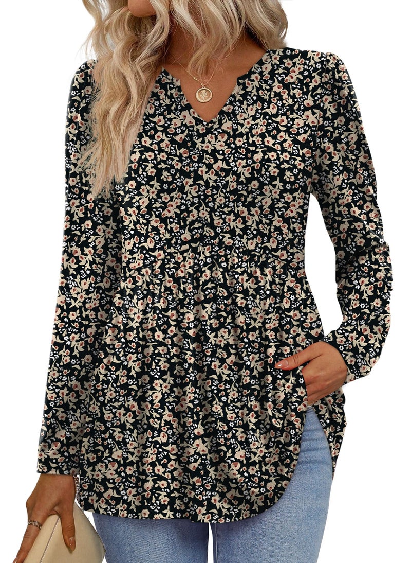 WIHOLL Plus Size Fall Fashion Clothing Womens Tops Long Sleeve Boho Peasant Blouses Business Casual Outfits Maternity Work Shirts Chocolate Brown Fall Clothes Black Floral XL - Image 1