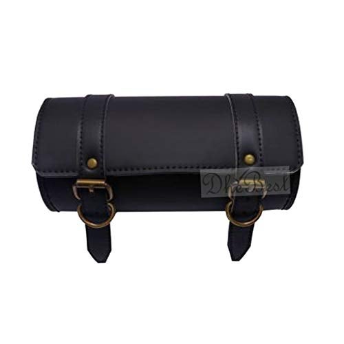 Dhe Best Faux Leather Bike Side/Rear Saddle Bag Round Style Tool Bag Storage Tool Pouch 2 Strap Closure Black for RE Classic Battle Green 350 - Image 2