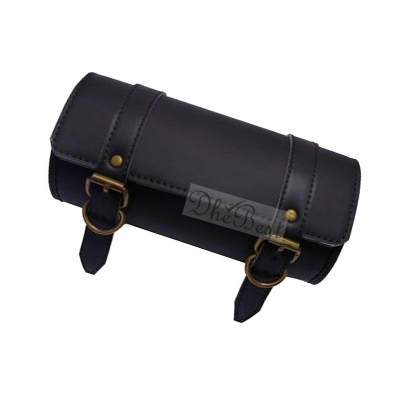 Dhe Best Faux Leather Bike Side/Rear Saddle Bag Round Style Tool Bag Storage Tool Pouch 2 Strap Closure Black for RE Classic Battle Green 350 - Image 4
