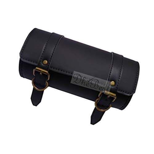 Dhe Best Faux Leather Bike Side/Rear Saddle Bag Round Style Tool Bag Storage Tool Pouch 2 Strap Closure Black for RE Classic Battle Green 350 - Image 1