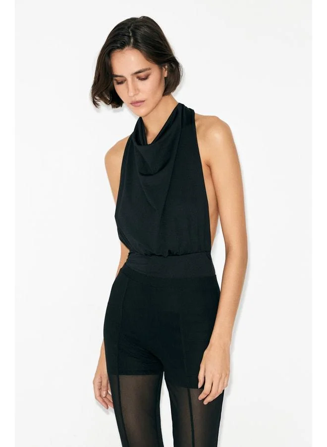 GRIMELANGE OPAL Women's Off-Shoulder Neck Tie Backless Snap-Closure Stretch Black Bodysuit.