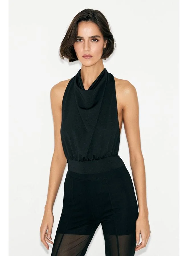GRIMELANGE OPAL Women's Off-Shoulder Neck Tie Backless Snap-Closure Stretch Black Bodysuit.