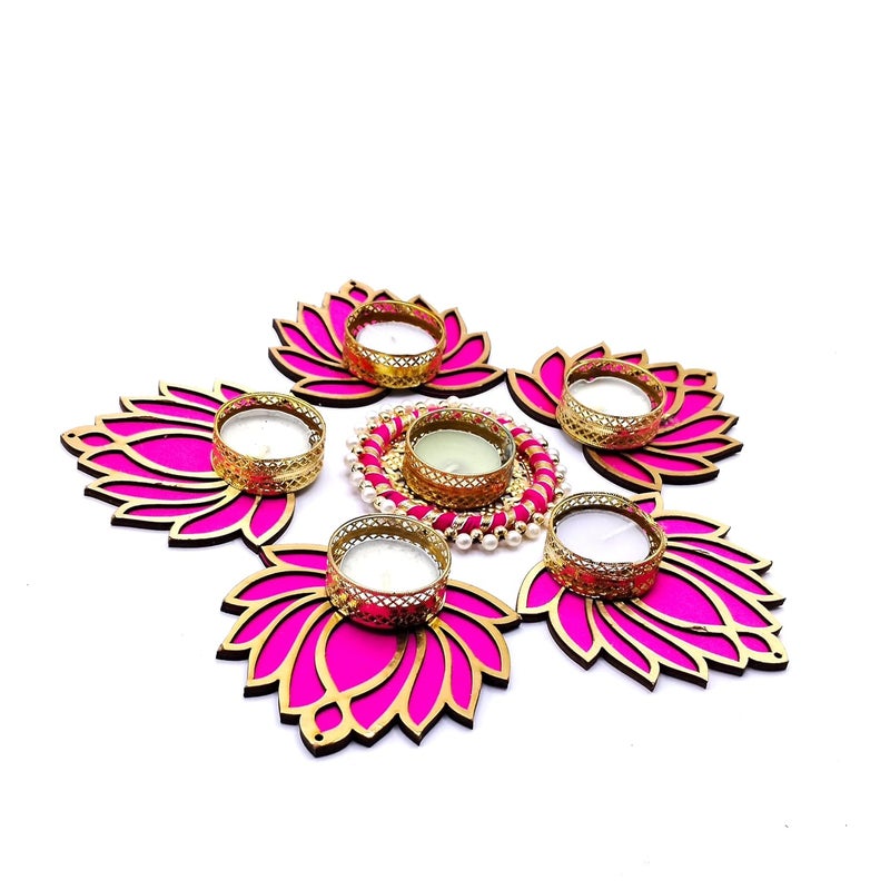 Prokart ProKart Premium Pink Lotus Wooden Chudi Diya Rangoli with Moti Beads Centre Diya Decoration for Diwali Dashera Rangoli Pooja Decorations Festival Wedding Decorations Pink Pack of 6  - Image 4