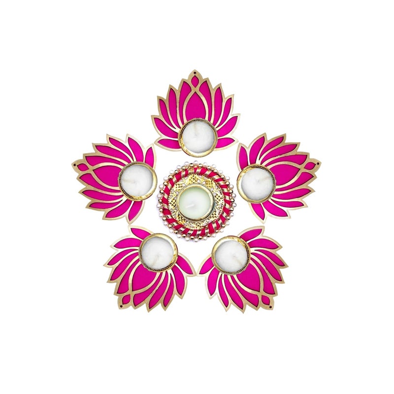Prokart ProKart Premium Pink Lotus Wooden Chudi Diya Rangoli with Moti Beads Centre Diya Decoration for Diwali Dashera Rangoli Pooja Decorations Festival Wedding Decorations Pink Pack of 6  - Image 1