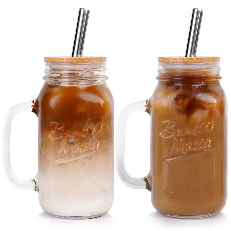 ANOTION Mason Jar with Lid and Straw, 24 oz Regular Mouth Mason Jars with Handle Drinking Glasses Tumbler Reusable Cups Smoothie Water Bottles for Iced Coffee (Classic 2 cups Style) - Image 1