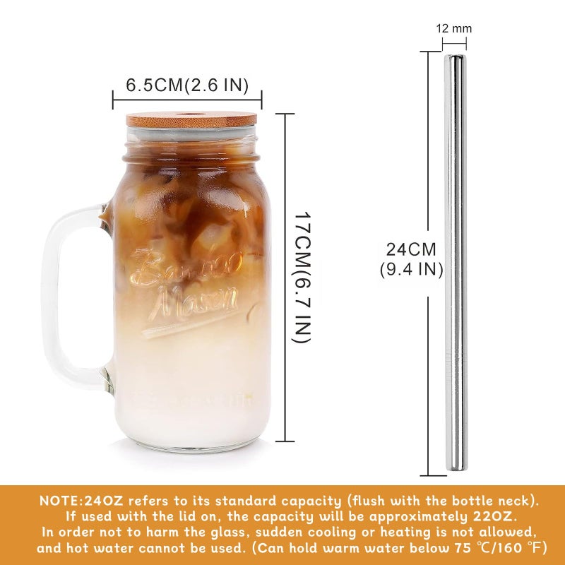 ANOTION Mason Jar with Lid and Straw, 24 oz Regular Mouth Mason Jars with Handle Drinking Glasses Tumbler Reusable Cups Smoothie Water Bottles for Iced Coffee (Classic 2 cups Style) - Image 2