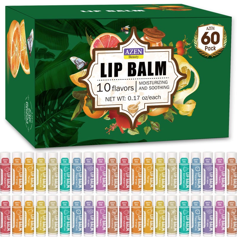 AZEN 60 Pack Natural Lip Balm Moisturizing Lip Care Product for Dry Cracked Lips C60  10 Flavors