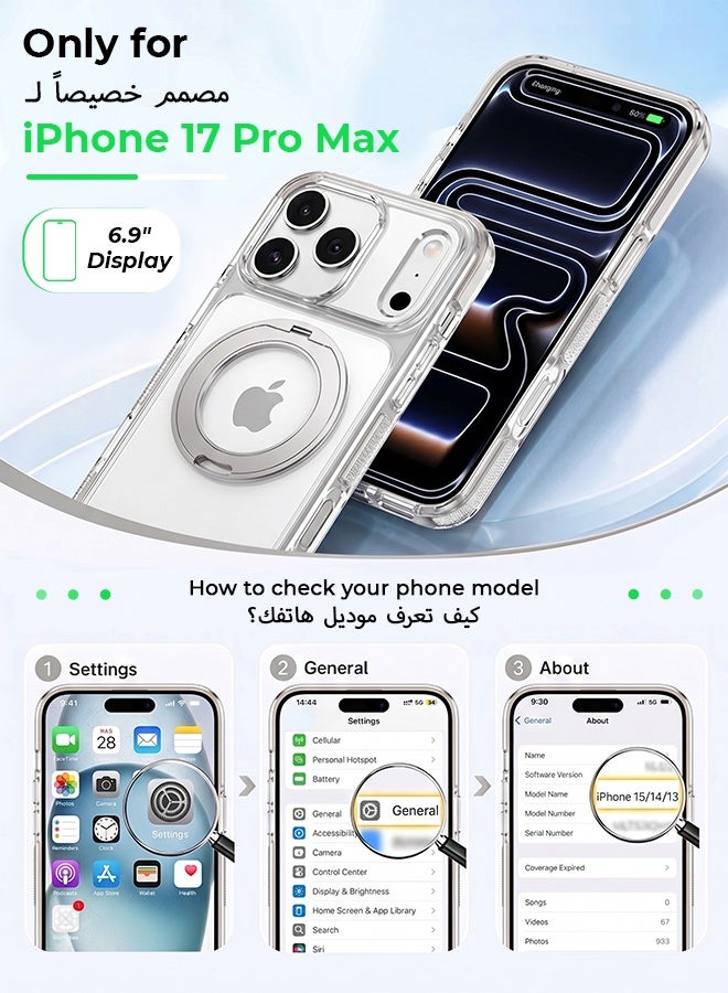غطاء هاتف شفاف مغناطيسي لـ iPhone 17 Pro Max، متوافق مع شحن MagSafe، مع حامل دوار 360 درجة، مقاوم للصدمات بدرجة عسكرية - Image 2
