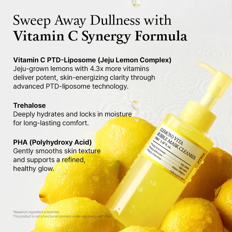 FULLY Lemon Vita Bubble Mask Cleanser, Self-Bubbling Gel-to-Foam Face Wash, Vitamin C + Jeju Lemon Water for Brightening, Radient Smooth Skin, Hydration, Vegan Korean Skincare, 5.07 fl.oz - Image 4