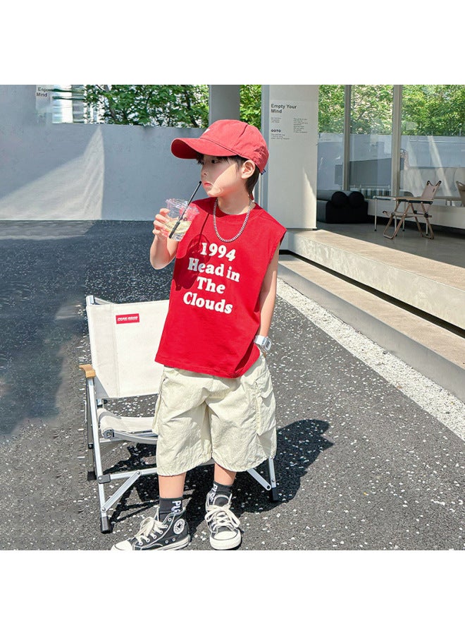 Trendy Brand Sleeveless Children's T-shirt Summer Wear  New Loose Boys' Shoulder Waistcoat For Middle And Big Children's Sports Vest For Outer Wear