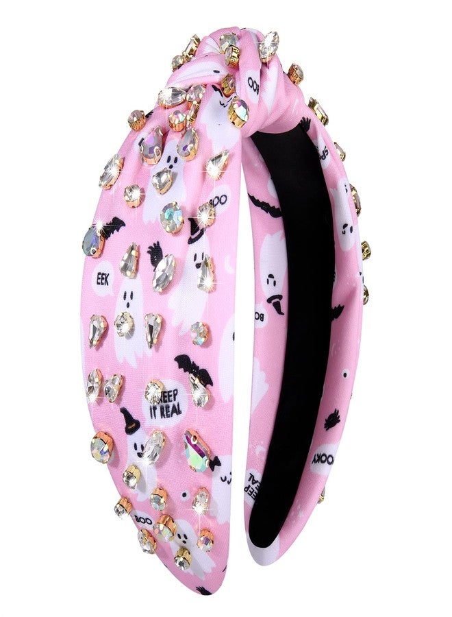 PHALIN Halloween Headband for Women Halloween Accessories Rhinestone Candy Corn Pumpkin Ghost Knotted Headband Costume Party Gifts (Pink Ghost) - Image 1