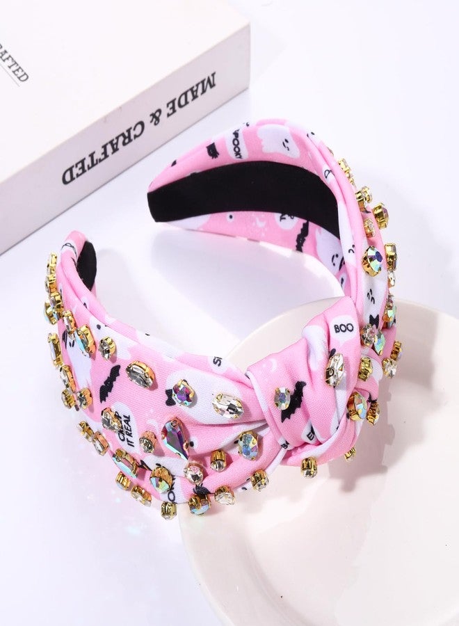 PHALIN Halloween Headband for Women Halloween Accessories Rhinestone Candy Corn Pumpkin Ghost Knotted Headband Costume Party Gifts (Pink Ghost) - Image 2