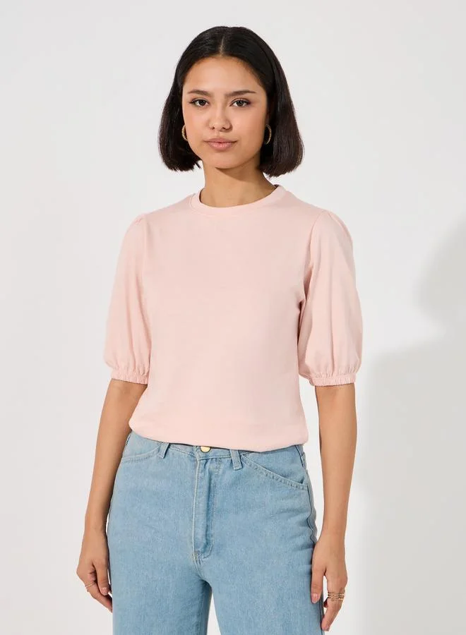 Styli Solid Round Neck Top with Puff Sleeves