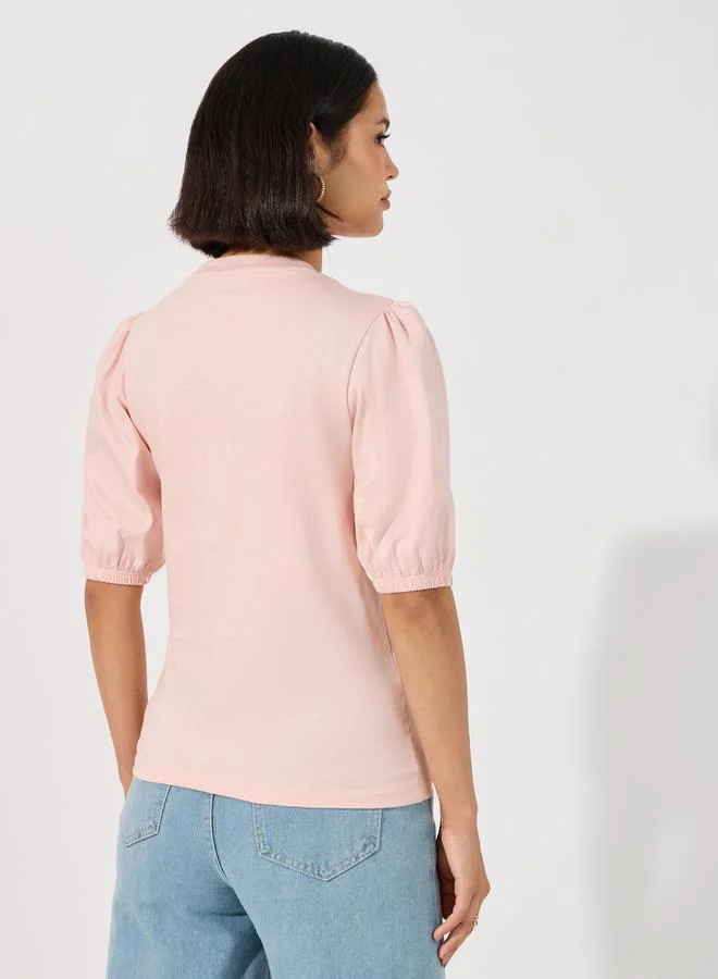 Styli Solid Round Neck Top with Puff Sleeves