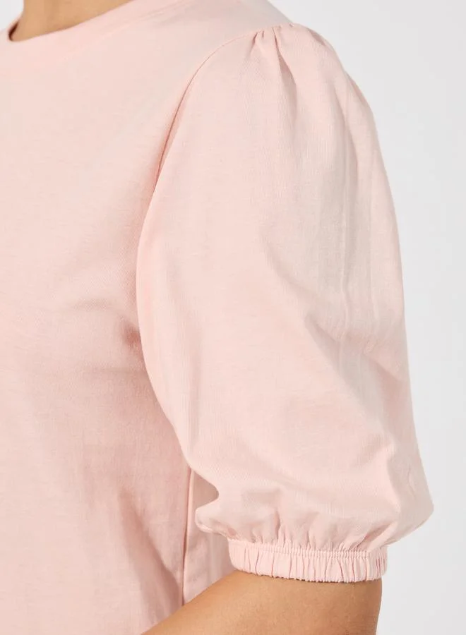 Styli Solid Round Neck Top with Puff Sleeves
