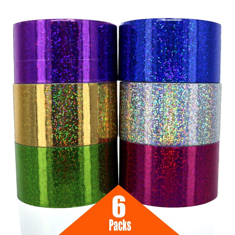 GiftExpress شريط لاصق هولوجرافيك ثقيل من جيفت إكسبريس 6 ألوان متنوعة، شريط لامع لتغليف وزينة عيد الميلاد. ألوان زاهية متعددة الأغراض للأعمال اليدوية، الحرف الفنية، 2" لفة بطول 5 ياردات. - Image 2