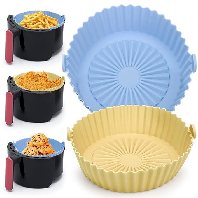 LIJIE Air Fryer Silicone Liner with Handles 8 Inch Round Baking Tray Heat Resistant Nonstick Reusable Pack of 2 Multicolor  - Image 1