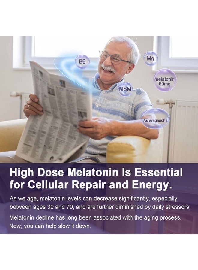 نيفيس مضاد للأكسدة ودعم الدماغ الميلاتونين 60 مجم 30 مجم للبالغين فوق سن 50 عامًا | جرعة عالية من الميلاتونين لمكافحة الشيخوخة وتعزيز المناعة | علكات الميلاتونين القوية للغاية مع فيتامين ب6 وأشواغاندا والمغنيسيوم وميثيل سلفونيل ميثان - 60 علكة - Image 3
