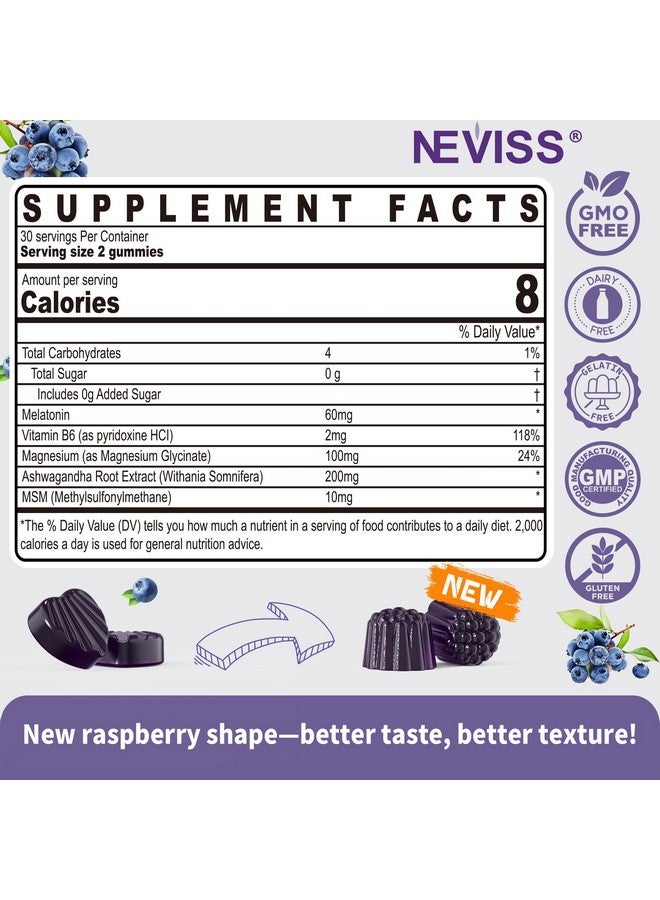 نيفيس مضاد للأكسدة ودعم الدماغ الميلاتونين 60 مجم 30 مجم للبالغين فوق سن 50 عامًا | جرعة عالية من الميلاتونين لمكافحة الشيخوخة وتعزيز المناعة | علكات الميلاتونين القوية للغاية مع فيتامين ب6 وأشواغاندا والمغنيسيوم وميثيل سلفونيل ميثان - 60 علكة - Image 2