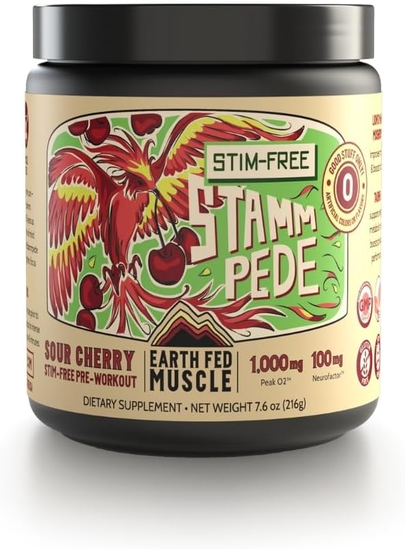 Earth Fed Muscle Stammpede Sour Cherry Pre Workout Powder for Men  Women Pre Workout No Caffeine Vegan  Gluten Free Boosts Focus  Endurance Lions Mane Taurine Peak O2 30 Servings - Image 1