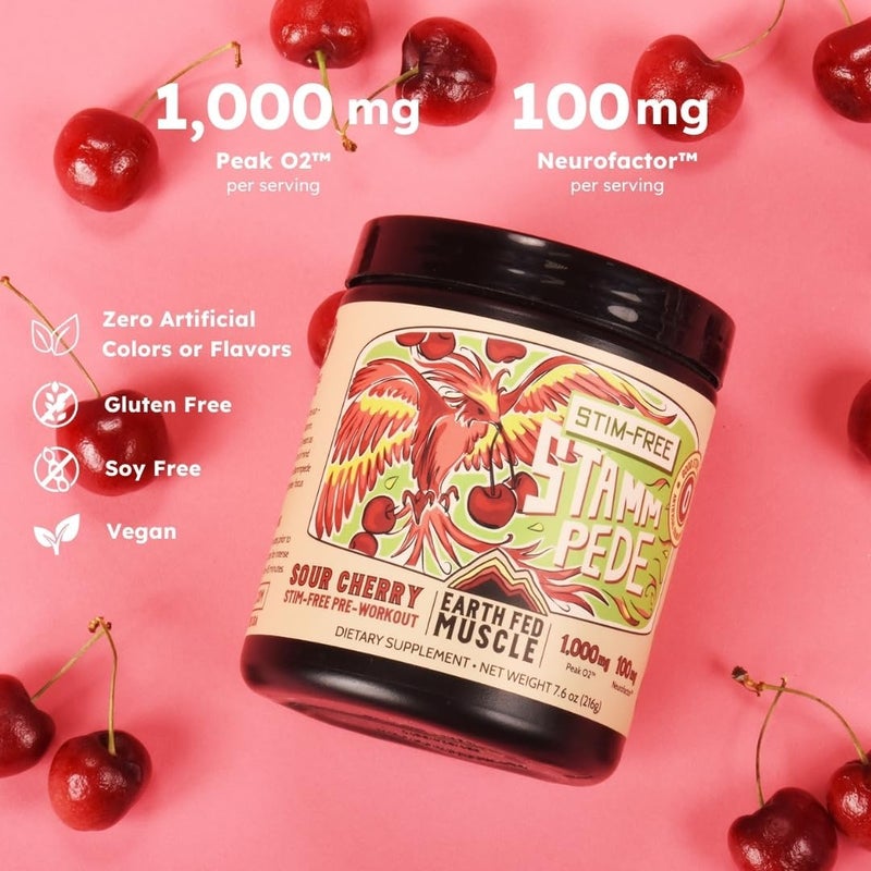 Earth Fed Muscle Stammpede Sour Cherry Pre Workout Powder for Men  Women Pre Workout No Caffeine Vegan  Gluten Free Boosts Focus  Endurance Lions Mane Taurine Peak O2 30 Servings - Image 2