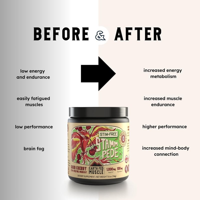 Earth Fed Muscle Stammpede Sour Cherry Pre Workout Powder for Men  Women Pre Workout No Caffeine Vegan  Gluten Free Boosts Focus  Endurance Lions Mane Taurine Peak O2 30 Servings - Image 3