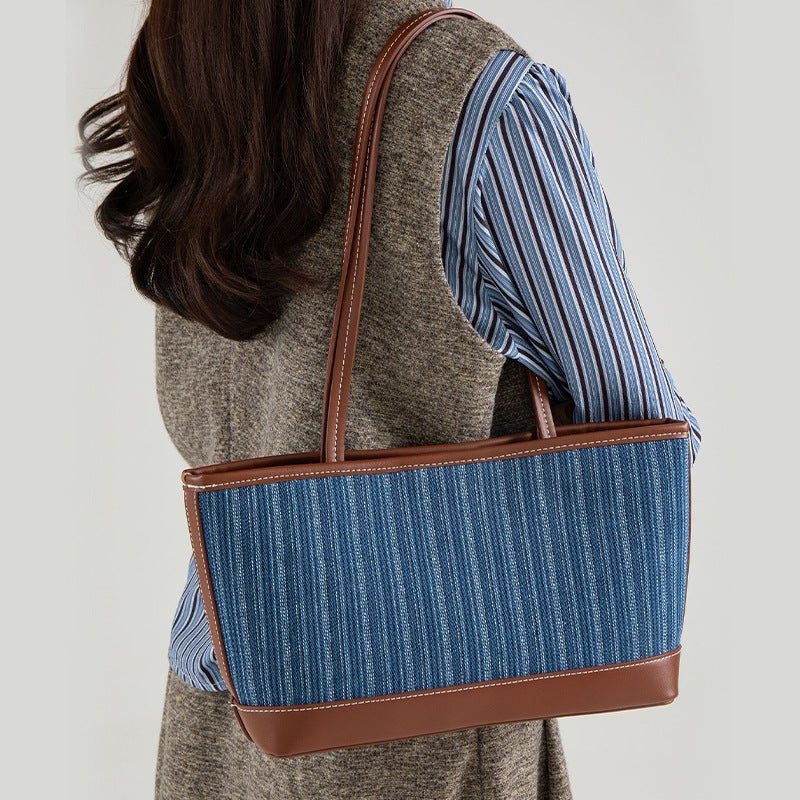 Denim Stitching Tote Bag Commuter High-End Vintage Shoulder Bag Large Capacity Women'S Handbag - Image 3
