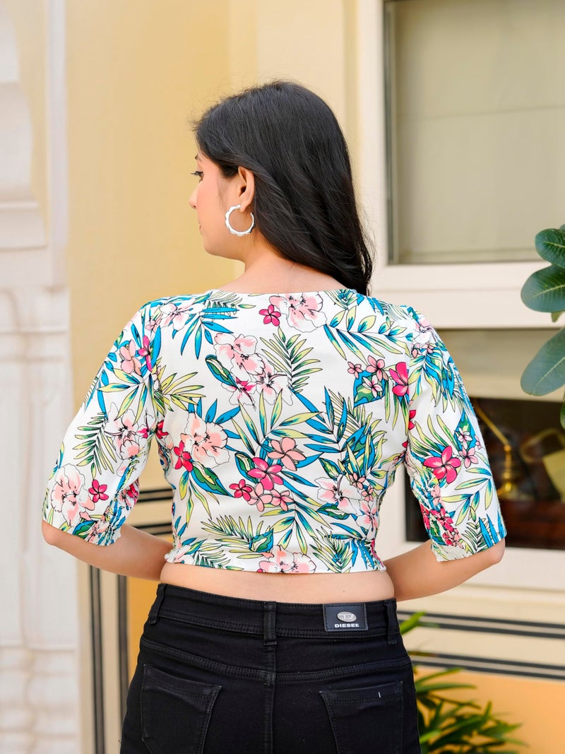 Yash Gallery Women's Rayon Floral Printed Round Neck Half Sleeves Blouse with Both Side Bobbin Elastic (White) - Image 4