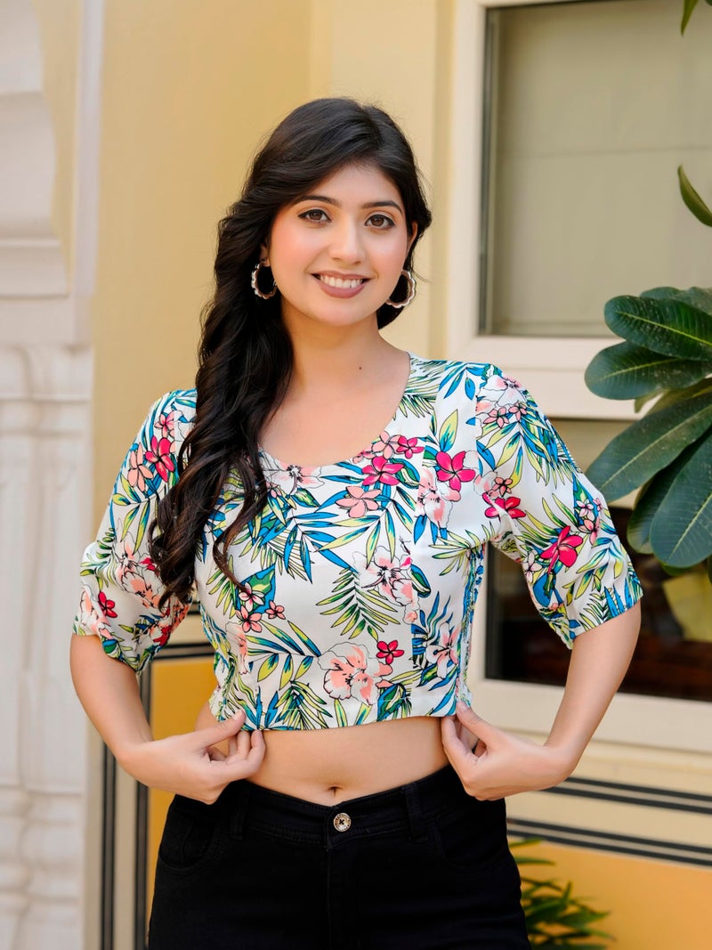 Yash Gallery Women's Rayon Floral Printed Round Neck Half Sleeves Blouse with Both Side Bobbin Elastic (White) - Image 2