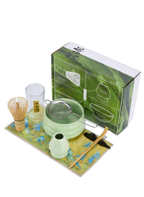 7 Piece Matcha Set, Luxurious Tea Set with Ceramic Bowl, Filter, Scoop, Prong Bamboo Matcha Whisk and Holder