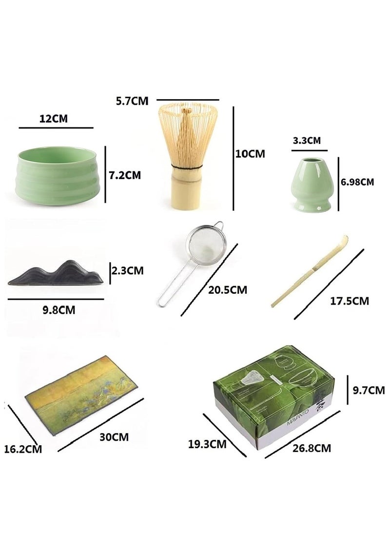 7 Piece Matcha Set, Luxurious Tea Set with Ceramic Bowl, Filter, Scoop, Prong Bamboo Matcha Whisk and Holder