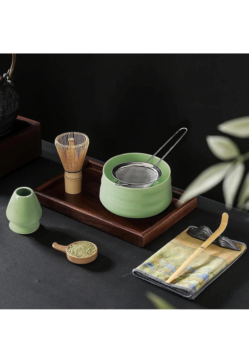 7 Piece Matcha Set, Luxurious Tea Set with Ceramic Bowl, Filter, Scoop, Prong Bamboo Matcha Whisk and Holder