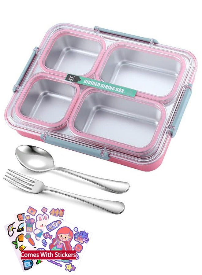 VUCATIN Large Bento Box Stainless Steel Lunch Box with 4 Compartments Reusable Lunch Food Container Set Meal Prep Containers for Adults Comes with Tableware and Cartoon Stickers (Pink 4 Compartment)  - Image 1