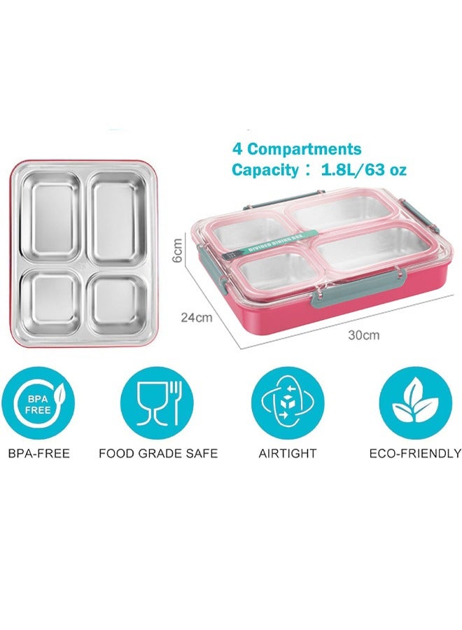 VUCATIN Large Bento Box Stainless Steel Lunch Box with 4 Compartments Reusable Lunch Food Container Set Meal Prep Containers for Adults Comes with Tableware and Cartoon Stickers (Pink 4 Compartment)  - Image 3