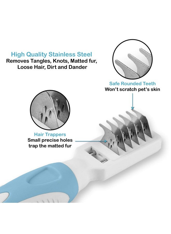 Pets First Professional Pet Mat Remover - Dematting Tool for Grooming Cats & Dogs - Removes Matted Fur, Tangles, Knots, Loose Hair & Dirt - Stainless Steel, Gentle Teeth, Soft Comfort Grip Handle,Blue - Image 2