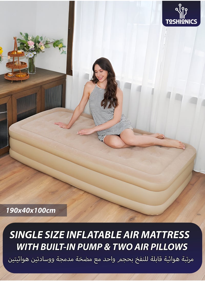 Toshionics Durable Air Mattress With Pillow Single Size Inflatable Camping Bed Sleeping Mat with Built in Rechargeable Air Pump Self Inflation Waterproof Blow up Airbed One Button Inflate and Deflate for Home, Outdoor Adventures, Hiking, Travel, Sleepovers, Picnics, and Guest Bed Use Ultra Plush Technology 190x40x100cm  - Image 1