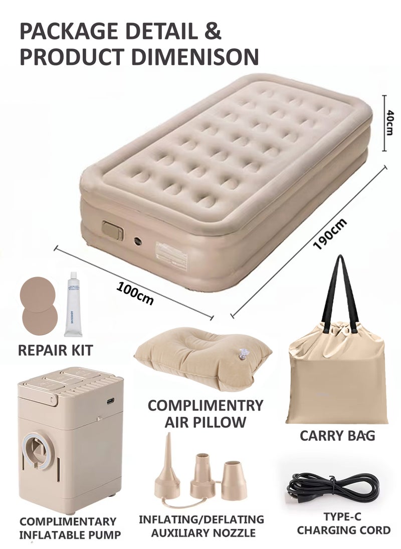 Toshionics Durable Air Mattress With Pillow Single Size Inflatable Camping Bed Sleeping Mat with Built in Rechargeable Air Pump Self Inflation Waterproof Blow up Airbed One Button Inflate and Deflate for Home, Outdoor Adventures, Hiking, Travel, Sleepovers, Picnics, and Guest Bed Use Ultra Plush Technology 190x40x100cm  - Image 5