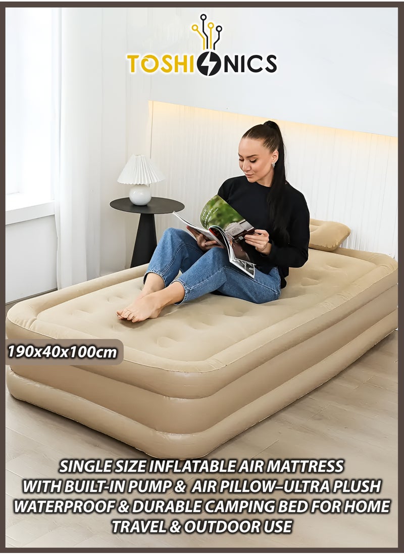 Toshionics - Single Size Air Mattress with Air Pillow Durable and Waterproof Sleeping Pad Camping Bed with Built-in Rechargeable Air Pump for Quick Self-Inflation and Deflation Ultra Plush Technology Comfort-Plush Luxury Blow-Up Airbed for Home Travel Hiking Outdoor Adventures Picnics Sleepovers and Guest Bed Use Premium Adjustable Inflatable Portable Self-Inflation and Deflation Mattress with Repair Bag Portable & Easy Set-Up 190x40x100cm - Image 1