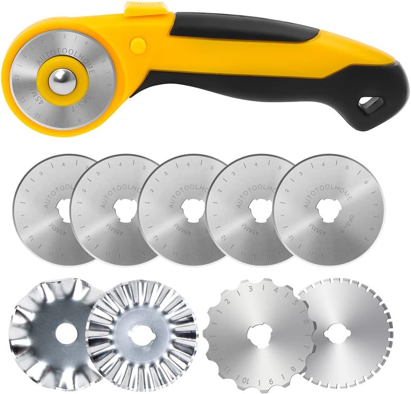 AUTOTOOLHOME 45mm Rotary Cutter with 9pcs Extra Blades Automatic Fabric Roller Cutter Perforator Crochet Edge Pinking Rotary Blades for Quilting, Sewing, Crafting - Image 1