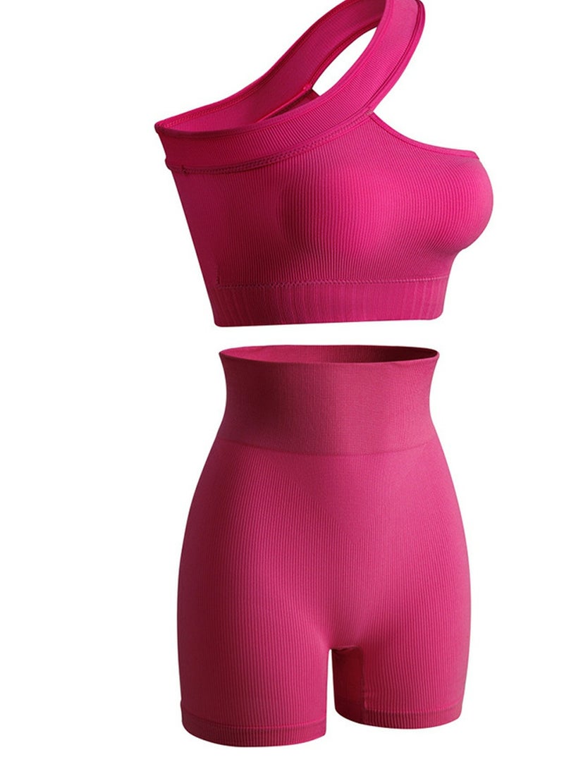 Loquat Women's Solid Color Sport Fitness Lingerie Set 2-piece Seamless Wireless Sloping Shoulders Vest+High Waist Boxer Briefs Sport Suit Wine Red  - Image 1