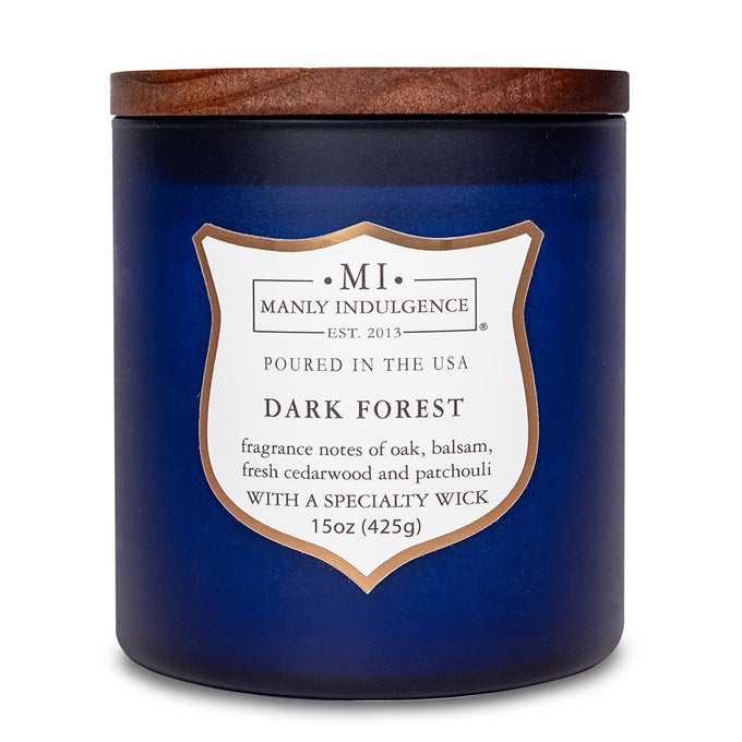 Dark Forest Scented Jar Candle for Men Wood Wicked Candle 15 oz Oak Balsam Fresh Cedarwood Patchouli Up to 60 Hours Burn Soy Blend Wax USA Poured Navy Blue