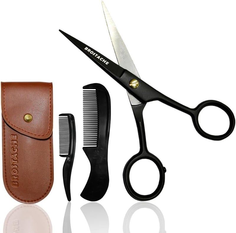 5 Professional German Steel Beard Mustache Scissors Beard Trimming Scissors with Mustache Comb Beard Comb and Carrying Pouch Grooming Scissors for All Facial Hair Scissors Black