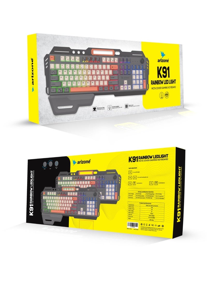 أريزون لوحة مفاتيح الألعاب Arizona K91 Rainbow LED الميكانيكية، 104 مفتاح، لوحة مفاتيح سلكية بإضاءة خلفية USB للكمبيوتر الشخصي واللابتوب والألعاب والمكاتب - Image 2