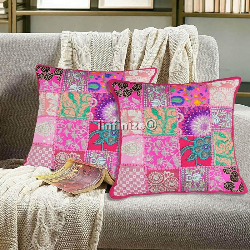 iinfinize Cototn 2 Pcs Patachwork Khambadiya Cushion Cover All Shape Embroidery Vintage Banjara Style Home Decor Cushion Cover Rajasthani Pillows 16x16 inch Square Pink - Image 1
