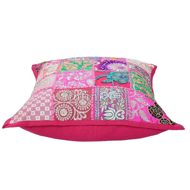 iinfinize Cototn 2 Pcs Patachwork Khambadiya Cushion Cover All Shape Embroidery Vintage Banjara Style Home Decor Cushion Cover Rajasthani Pillows 16x16 inch Square Pink - Image 3