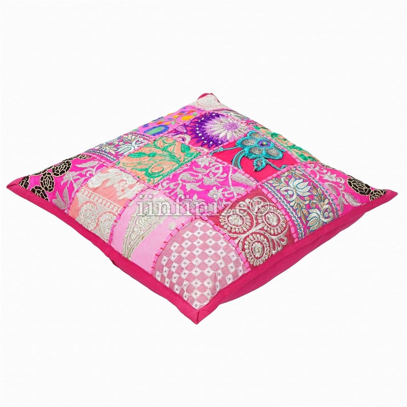 iinfinize Cototn 2 Pcs Patachwork Khambadiya Cushion Cover All Shape Embroidery Vintage Banjara Style Home Decor Cushion Cover Rajasthani Pillows 16x16 inch Square Pink - Image 4