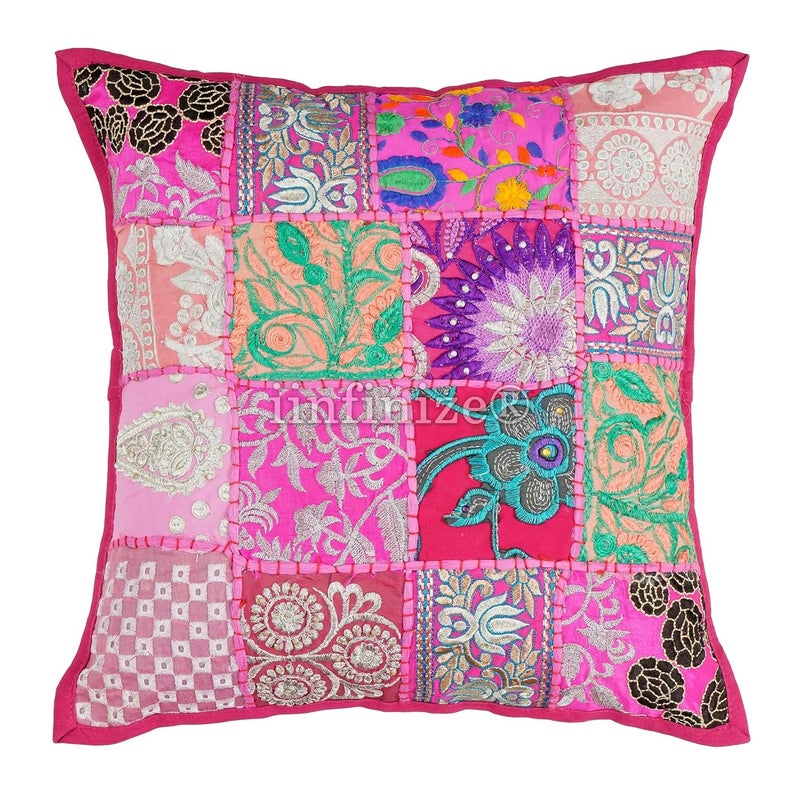 iinfinize Cototn 2 Pcs Patachwork Khambadiya Cushion Cover All Shape Embroidery Vintage Banjara Style Home Decor Cushion Cover Rajasthani Pillows 16x16 inch Square Pink - Image 2